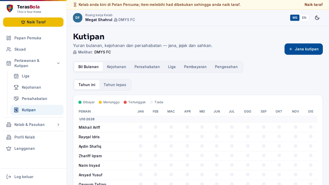 Papan pemuka kutipan DMYS FC menunjukkan status pembayaran sebenar