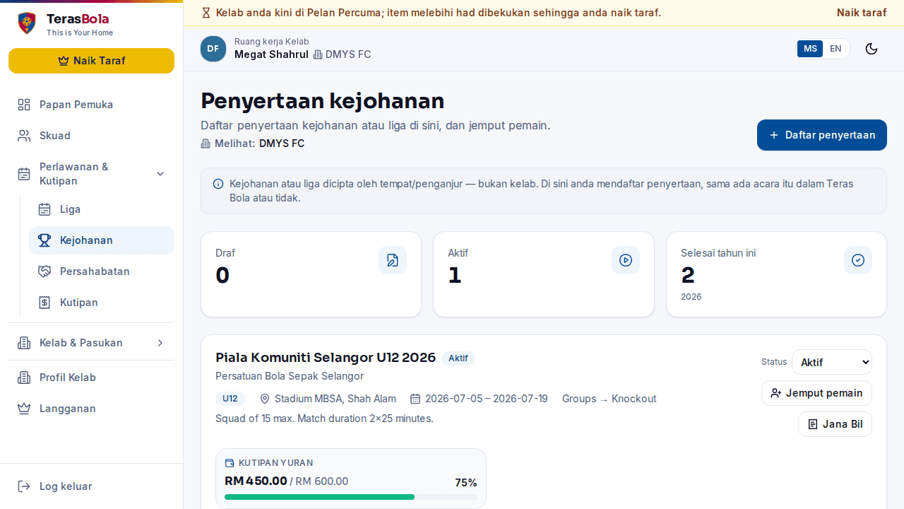 Papan pemuka kejohanan DMYS FC menunjukkan penyertaan sebenar