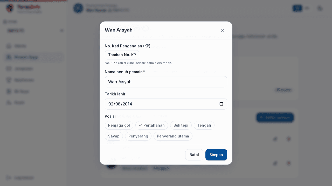 Butiran pemain menunjukkan NRIC terkunci dan status pengesahan sebenar