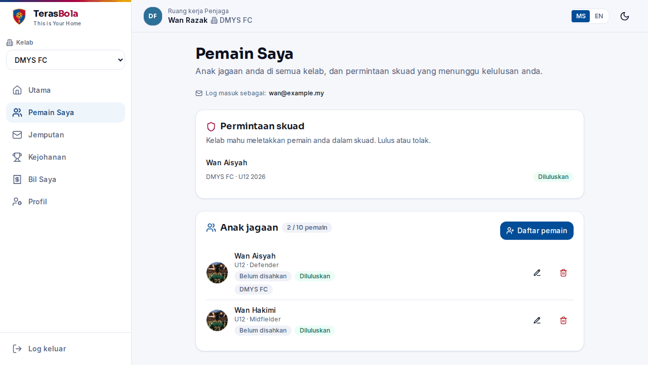 Halaman Pemain Saya menunjukkan senarai anak jagaan sebenar