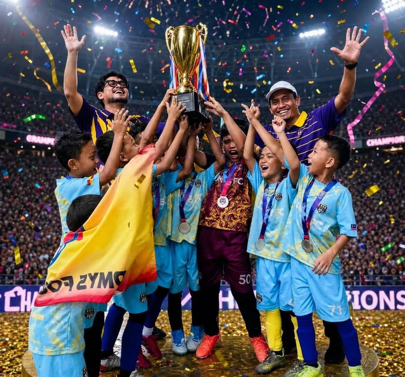 Pasukan muda bola sepak Malaysia meraikan kejuaraan dengan trofi
