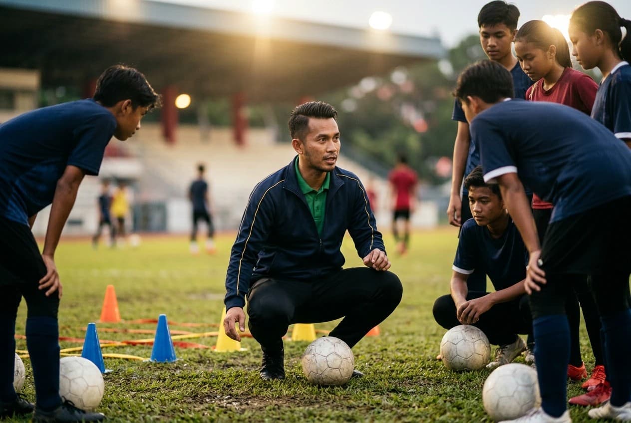 Jurulatih mengangkat trofi diiringi konfeti di hadapan pasukan yang meraikan