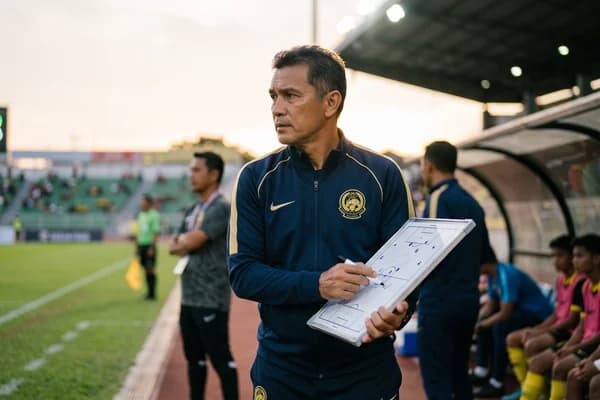 Jurulatih bola sepak di tepi padang memegang papan taktik