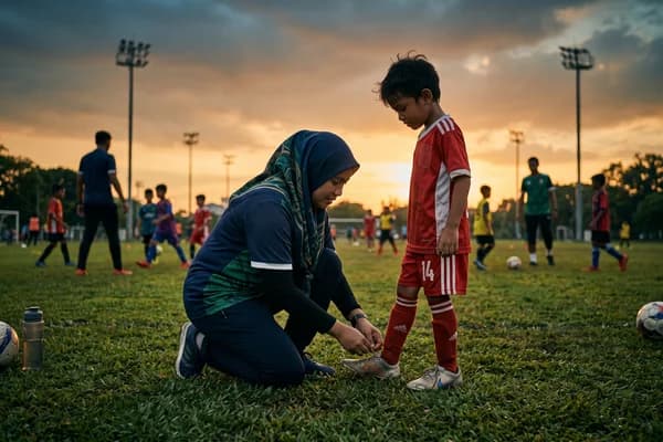 Ibu bapa membantu anak memakai kelengkapan bola sepak di padang